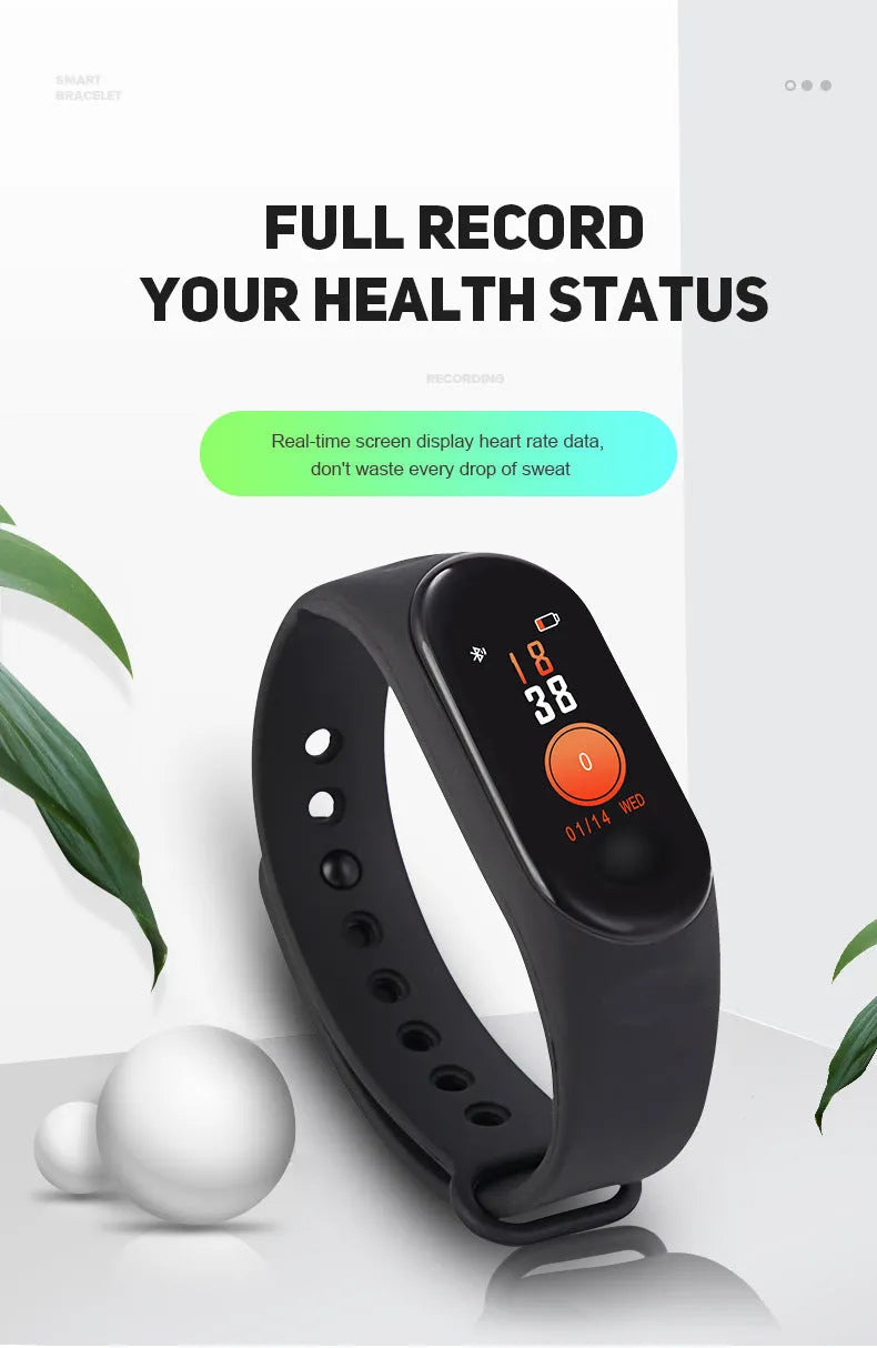 M3 smart fitness bracelet with colour screen showing heart rate data on a black TPE wristband.