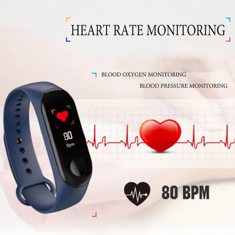 M3 smart fitness bracelet with colour screen showing heart rate data on a black TPE wristband.