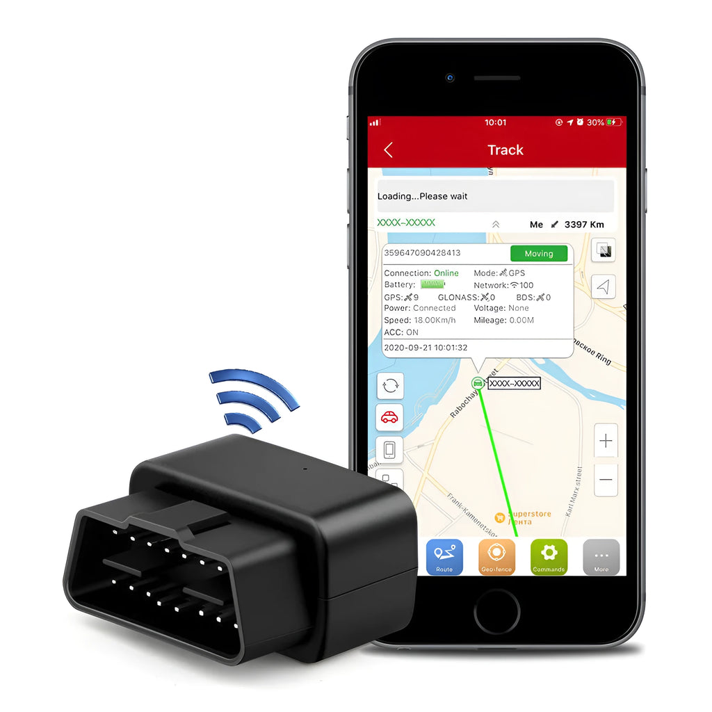 Black OBD GPS locator, 42 x 37 x 22 mm ABS body, plug-and-play vehicle tracker with built-in antenna