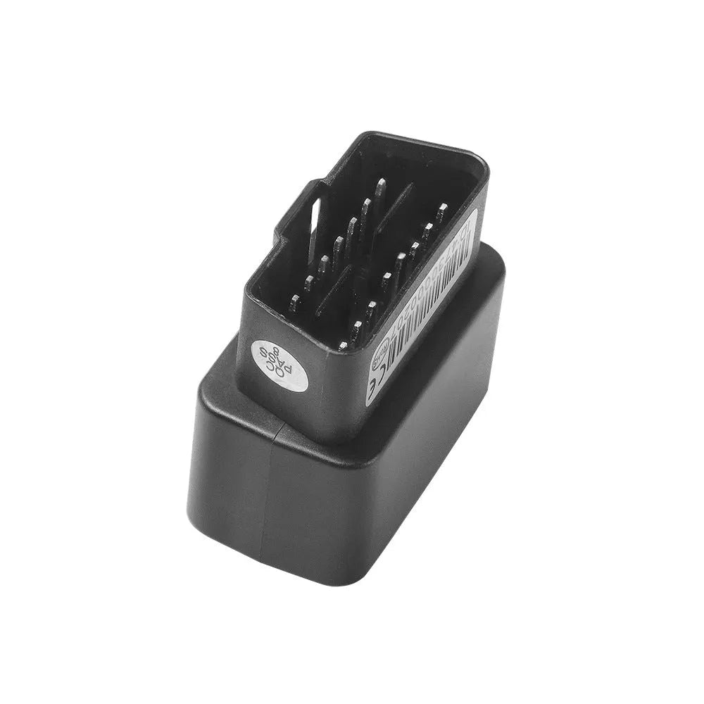 Black OBD GPS locator, 42 x 37 x 22 mm ABS body, plug-and-play vehicle tracker with built-in antenna