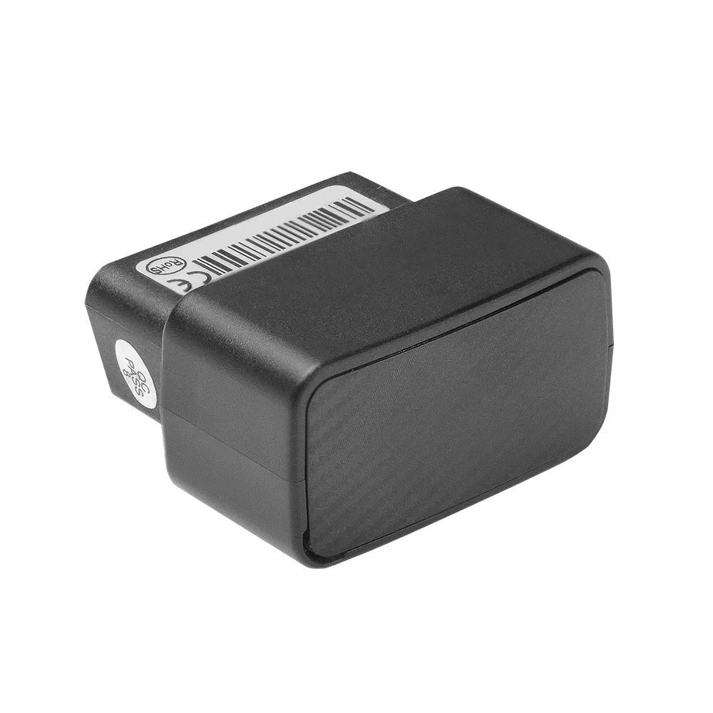 Black OBD GPS locator, 42 x 37 x 22 mm ABS body, plug-and-play vehicle tracker with built-in antenna