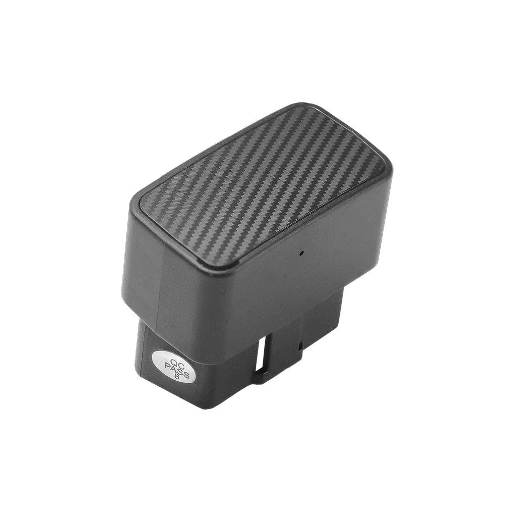 Black OBD GPS locator, 42 x 37 x 22 mm ABS body, plug-and-play vehicle tracker with built-in antenna