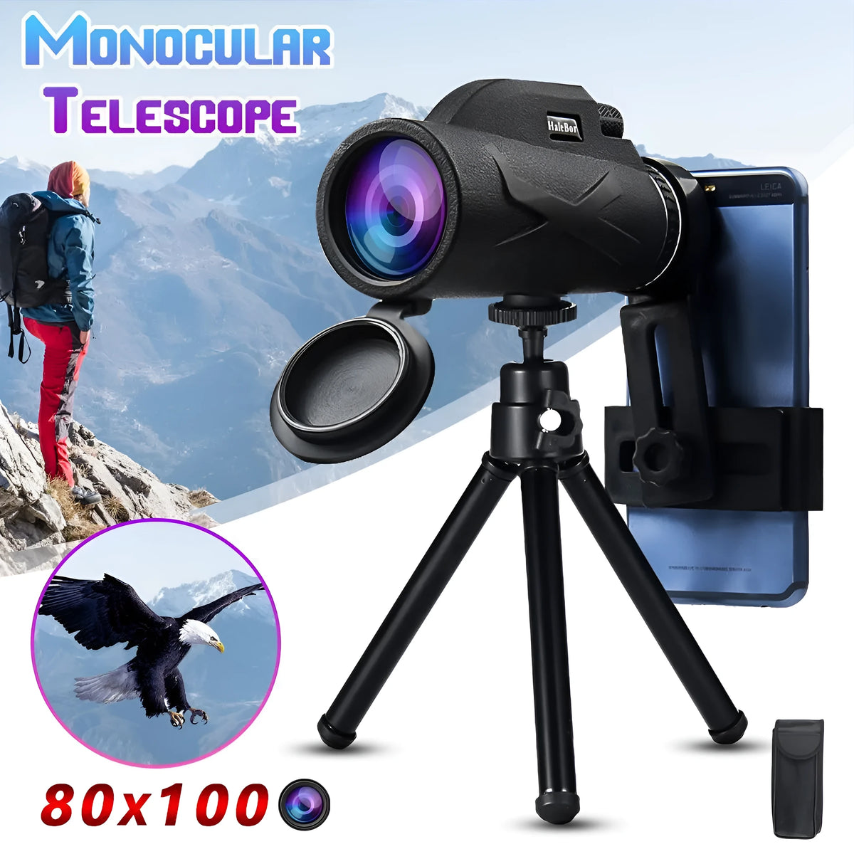 Black 80x monocular telescope with BAK4 roof prism, 40mm objective lens, shown with tripod and phone clip