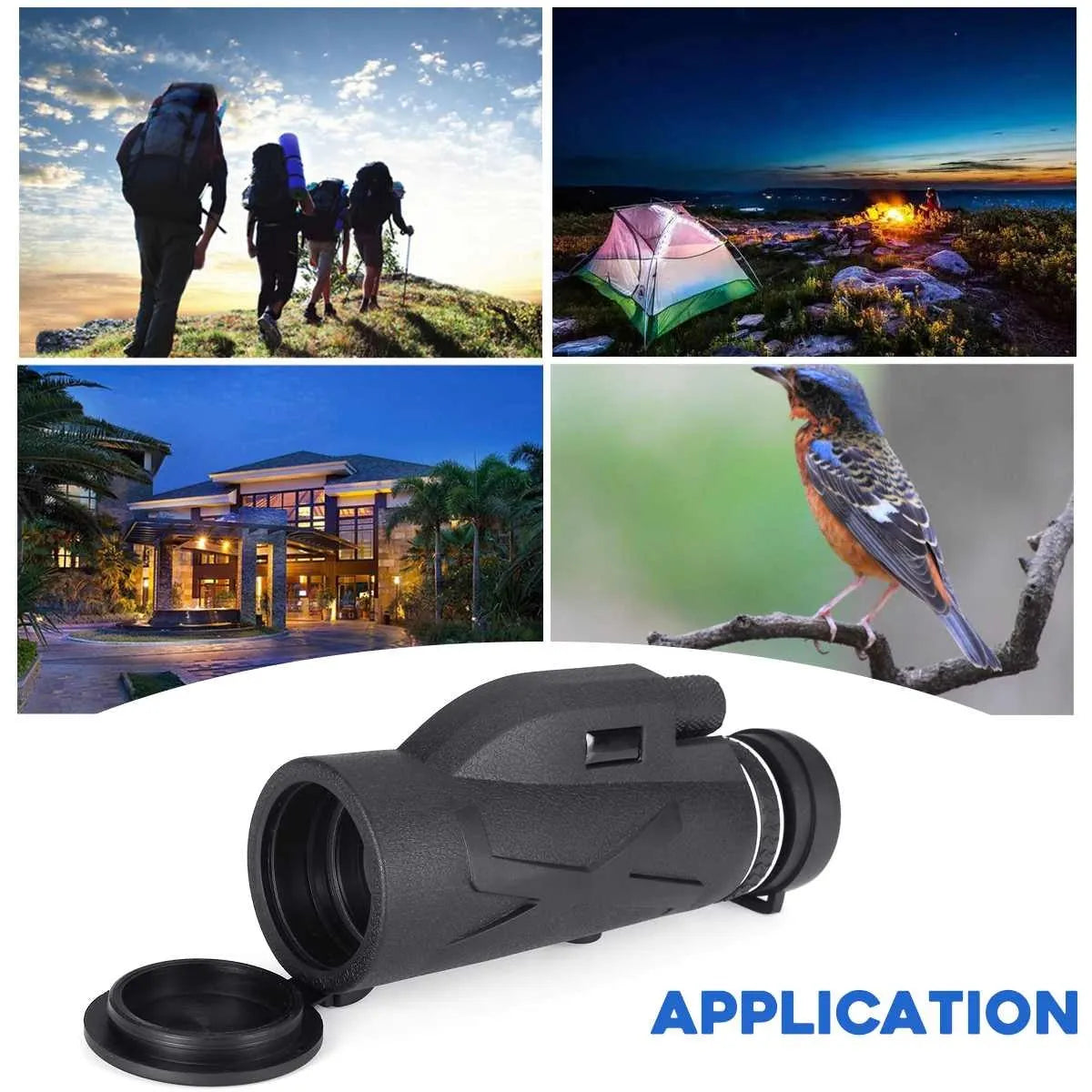 Black 80x monocular telescope with BAK4 roof prism, 40mm objective lens, shown with tripod and phone clip