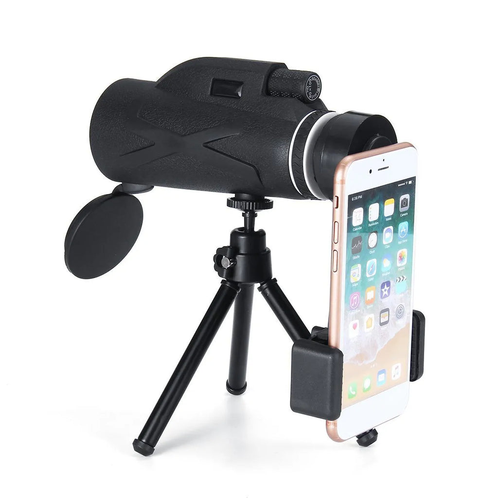 Black 80x monocular telescope with BAK4 roof prism, 40mm objective lens, shown with tripod and phone clip