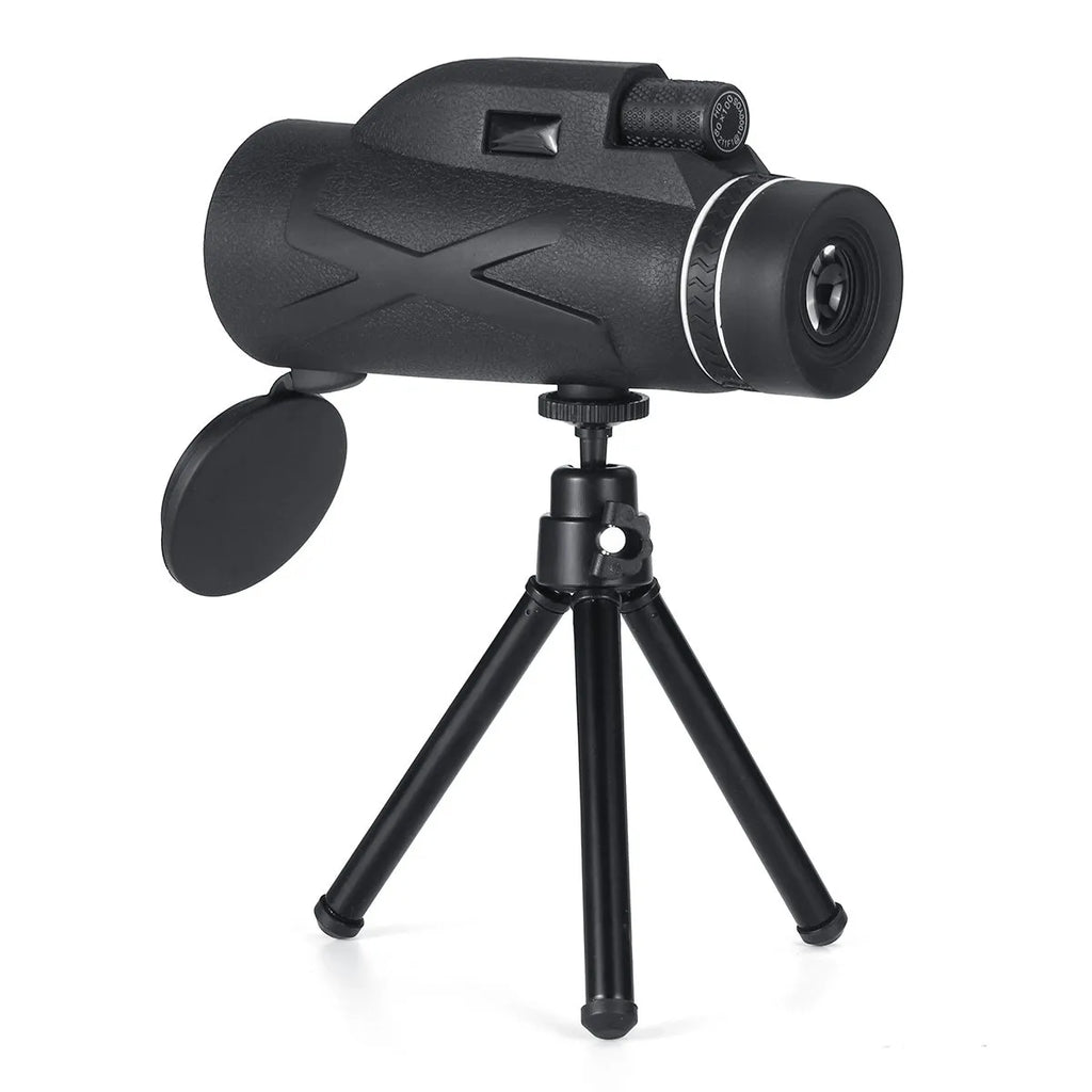 Black 80x monocular telescope with BAK4 roof prism, 40mm objective lens, shown with tripod and phone clip