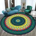 Circular national style polyester fibre rug in living room setting showing diameter measurement options
