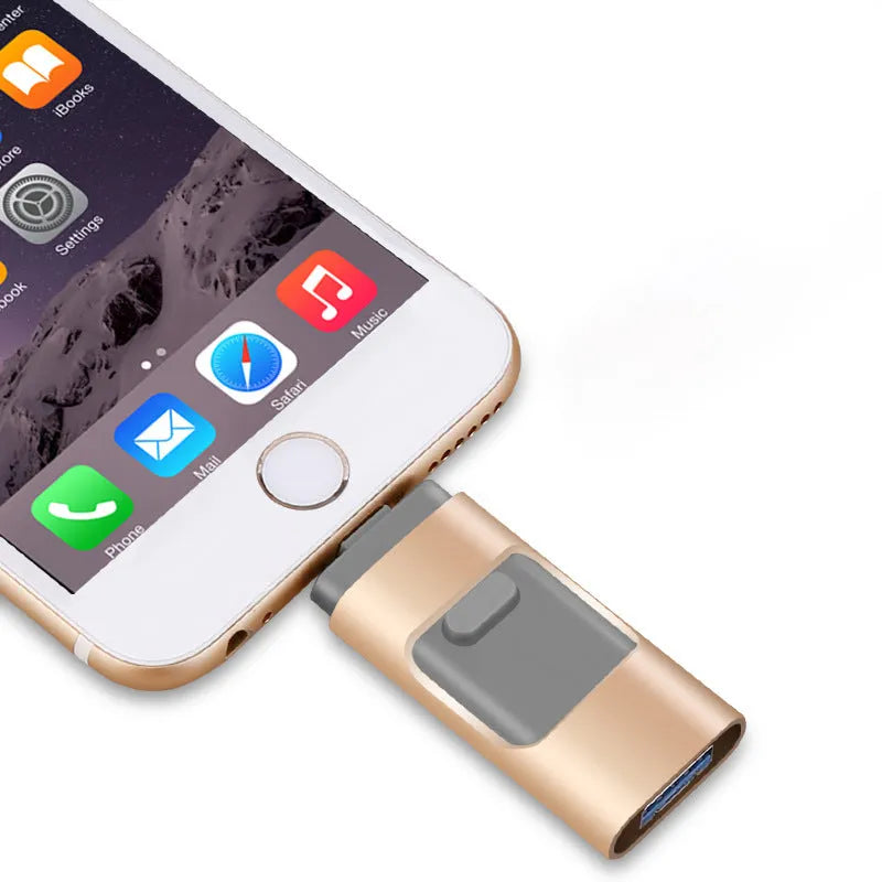 Gold metal OTG U disk with retractable connector for Apple Android Type-C and computer USB