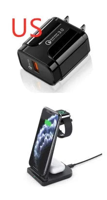 Black foldable 3-in-1 wireless charger showing phone, headphones, and watch charging simultaneously