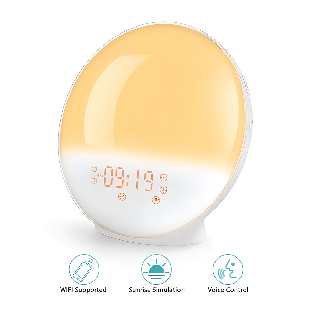 Smart WIFI 7 colour digital wake up light alarm clock, white round ABS plexiglass design, 10mm thickness