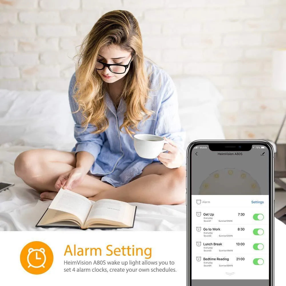 Smart WIFI 7 colour digital wake up light alarm clock, white round ABS plexiglass design, 10mm thickness