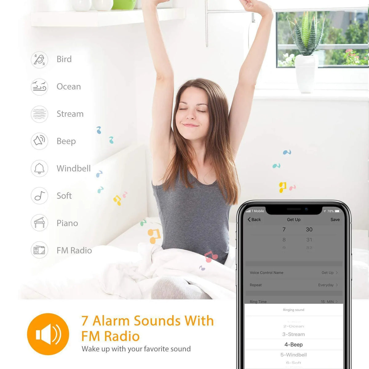 Smart WIFI 7 colour digital wake up light alarm clock, white round ABS plexiglass design, 10mm thickness