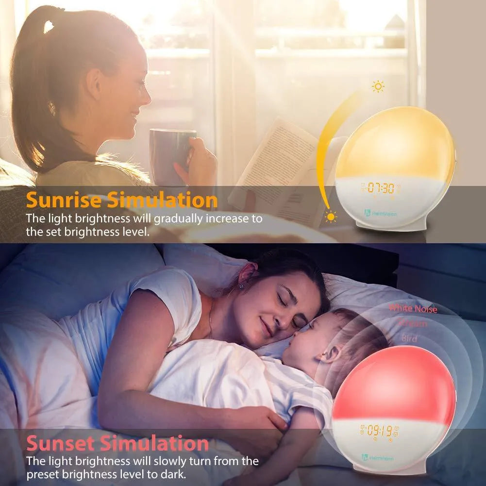 Smart WIFI 7 colour digital wake up light alarm clock, white round ABS plexiglass design, 10mm thickness