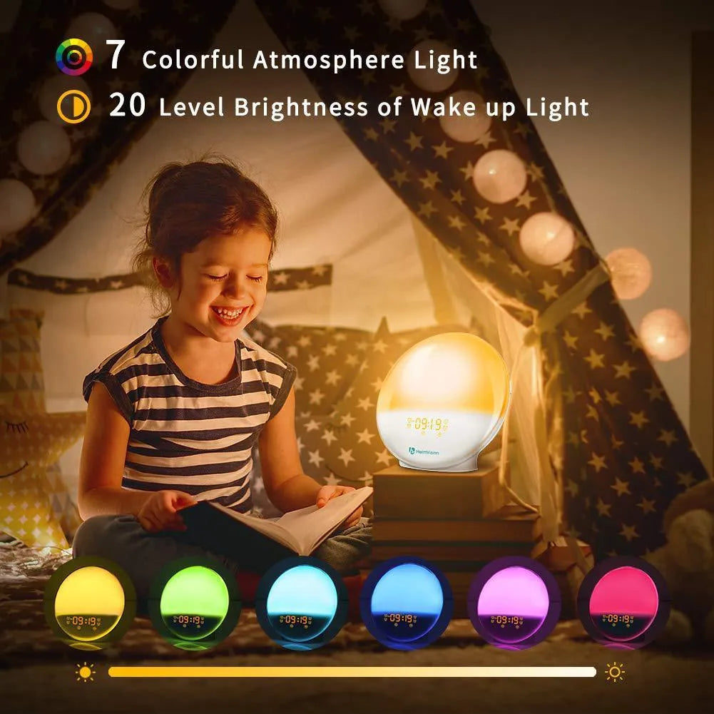 Smart WIFI 7 colour digital wake up light alarm clock, white round ABS plexiglass design, 10mm thickness