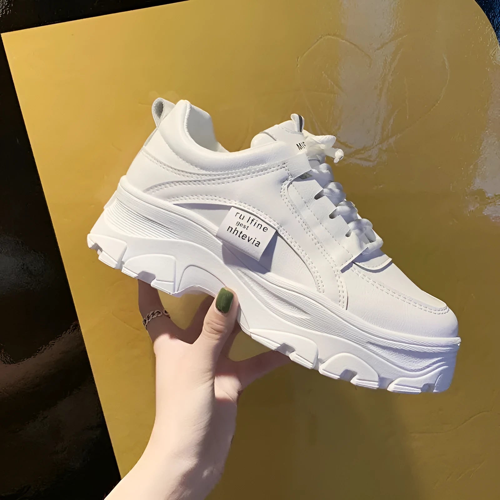 Women's thick bottom lace-up daddy shoes in creamy white with breathable mesh and synthetic leather upper