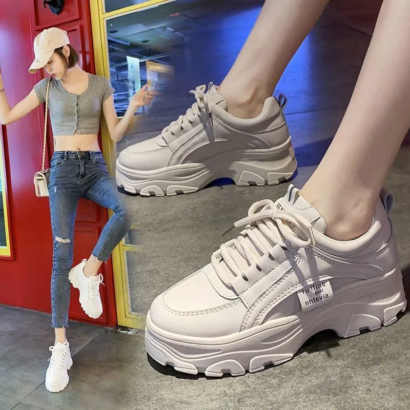 Women's thick bottom lace-up daddy shoes in creamy white with breathable mesh and synthetic leather upper