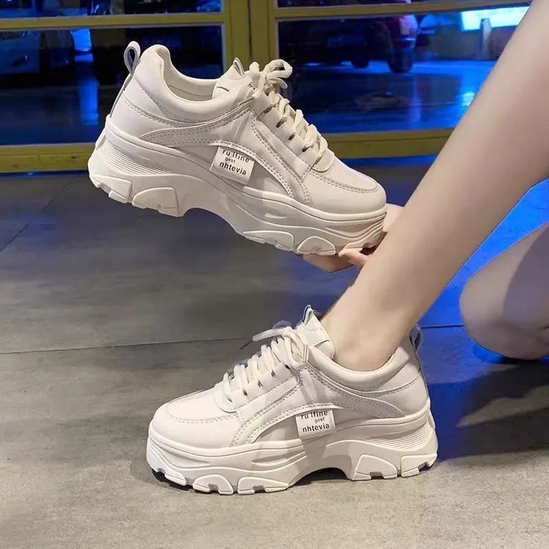 Women's thick bottom lace-up daddy shoes in creamy white with breathable mesh and synthetic leather upper