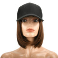 One-piece wig hat with black peaked cap and natural black bob-style synthetic hair