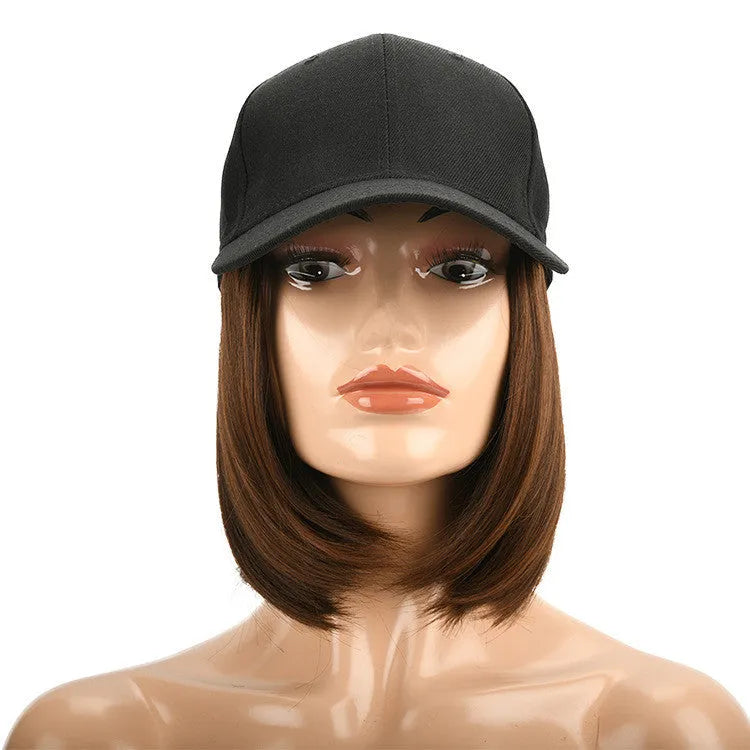 One-piece wig hat with black peaked cap and natural black bob-style synthetic hair