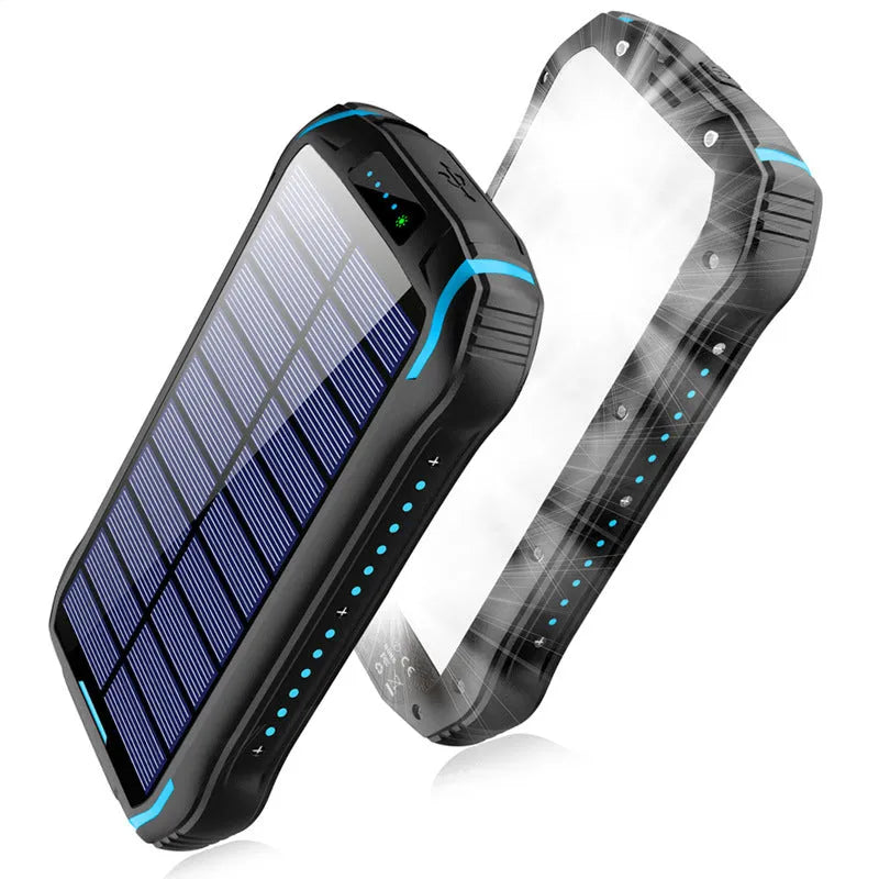 Orange XN-i26S solar power bank with camping light showing solar panel and USB ports
