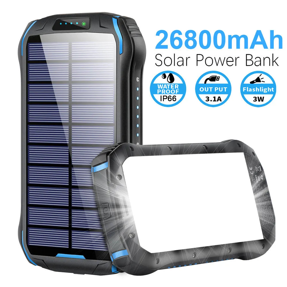 Orange XN-i26S solar power bank with camping light showing solar panel and USB ports