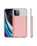Shockproof silicone battery charger case for iPhone in black, showing integrated design.