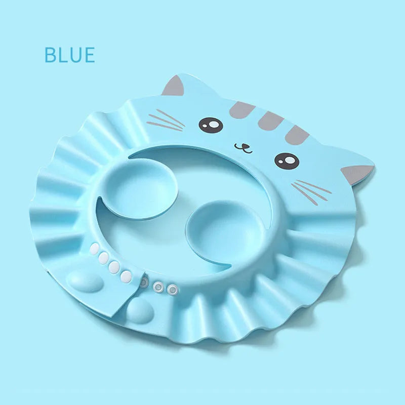 Baby waterproof shower cap with ear protection in cartoon design showing adjustable buckle system