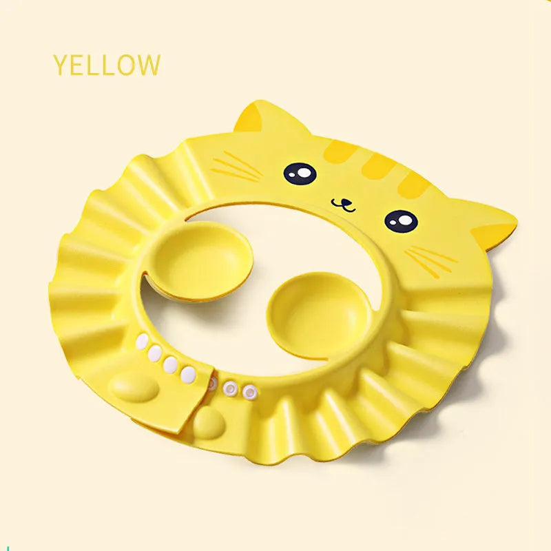 Baby waterproof shower cap with ear protection in cartoon design showing adjustable buckle system