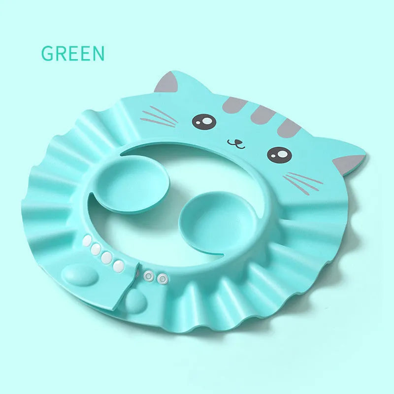 Baby waterproof shower cap with ear protection in cartoon design showing adjustable buckle system