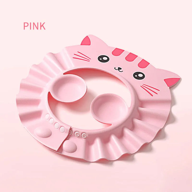 Baby waterproof shower cap with ear protection in cartoon design showing adjustable buckle system