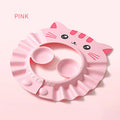 Baby waterproof shower cap with ear protection in cartoon design showing adjustable buckle system