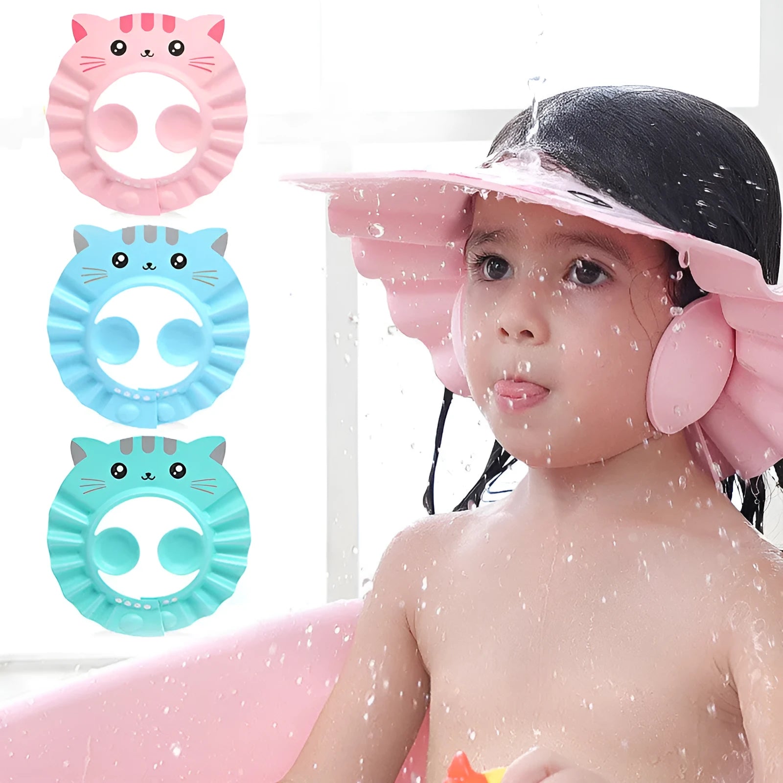 Baby waterproof shower cap with ear protection in cartoon design showing adjustable buckle system