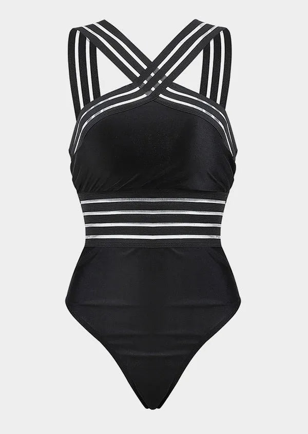 High waist leopard print one piece swimsuit for women black stitching detail
