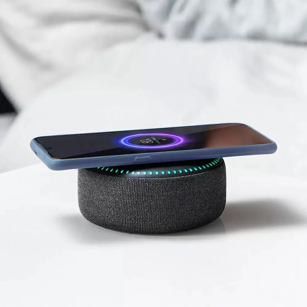 Black Bluetooth speaker with wireless charging top and white noise generation function