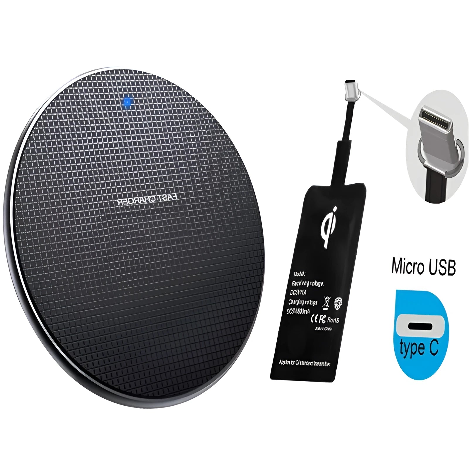 Round black wireless phone charger with ultra-thin aluminium alloy body and Qi receiver