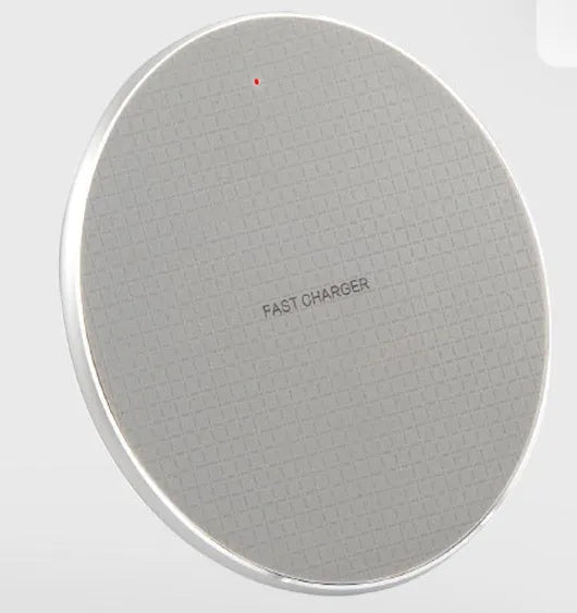 Round black wireless phone charger with ultra-thin aluminium alloy body and Qi receiver