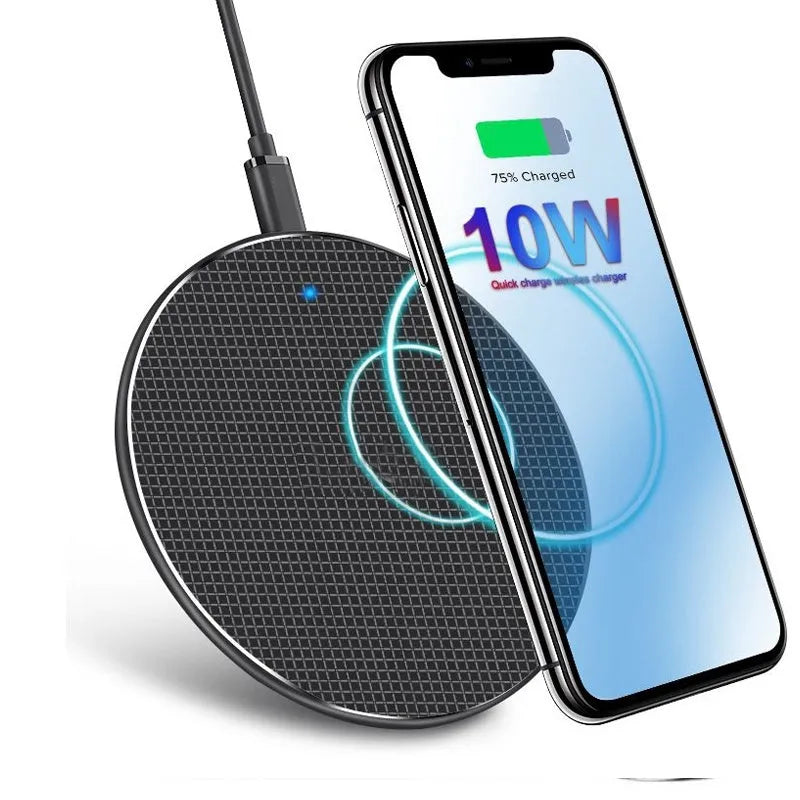 Round black wireless phone charger with ultra-thin aluminium alloy body and Qi receiver