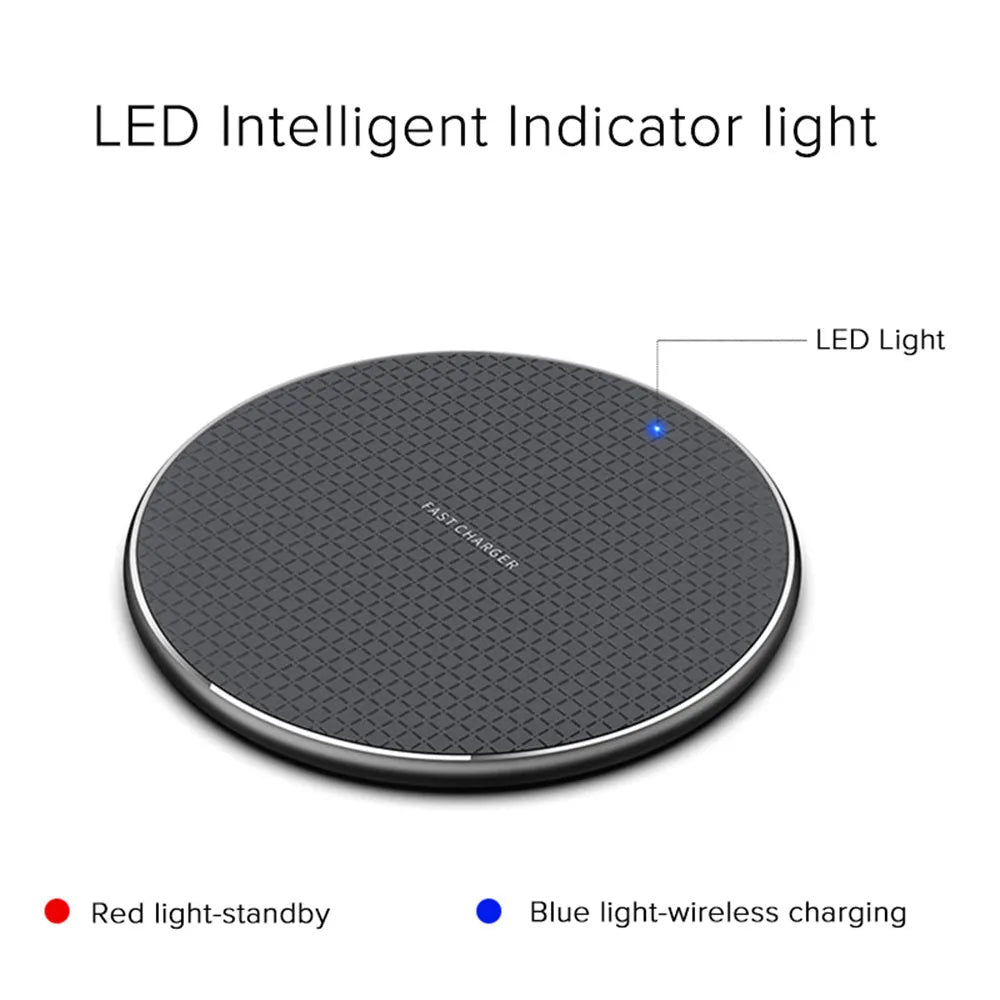 Round black wireless phone charger with ultra-thin aluminium alloy body and Qi receiver