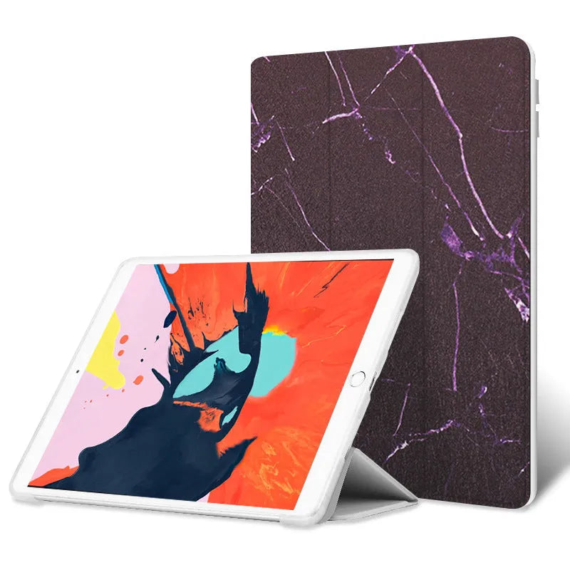 Imitation leather tri-fold iPad case in watercolour blue, compatible with 10.2, Air, Pro and Mini models