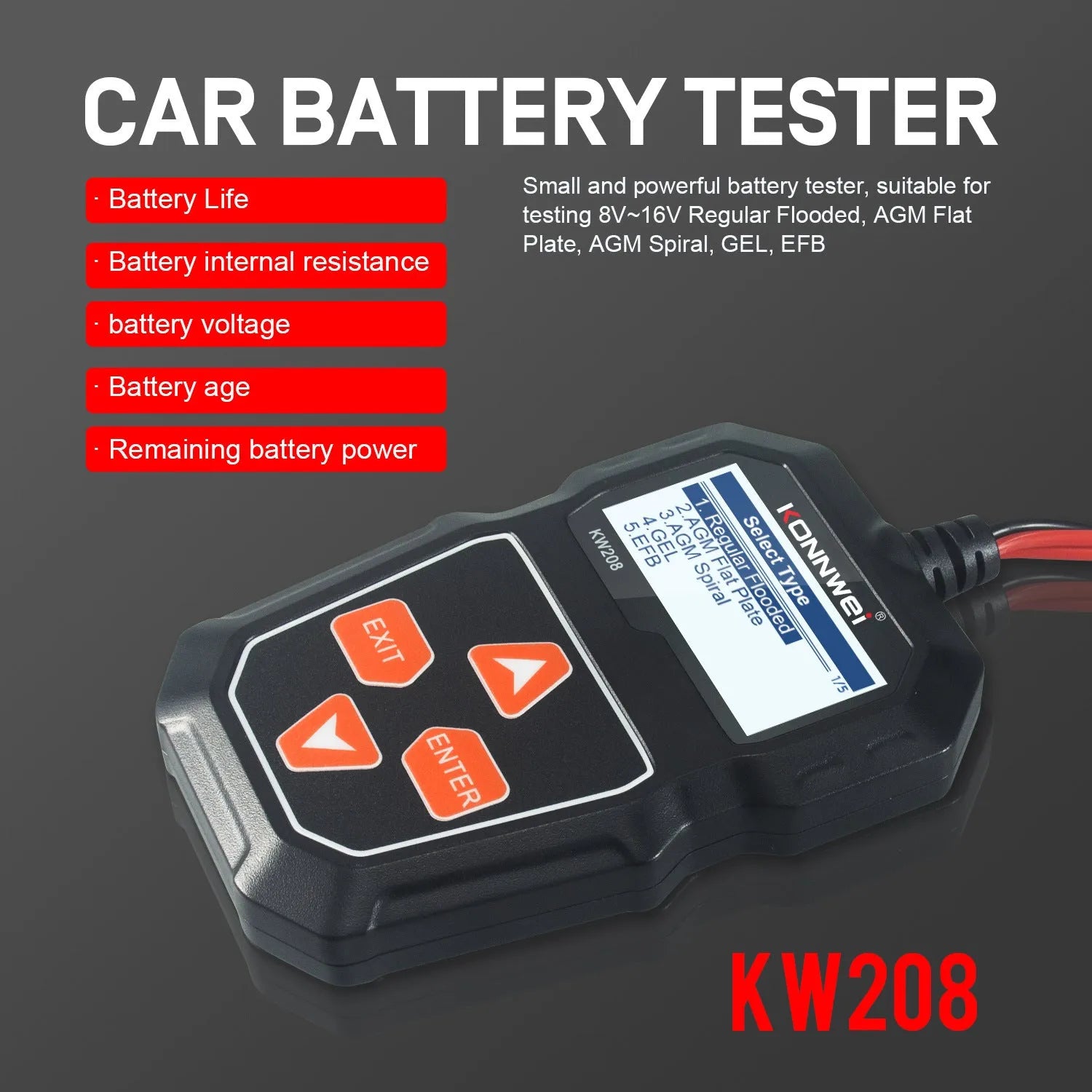 KONNWEI KW208 car battery resistance tester in black