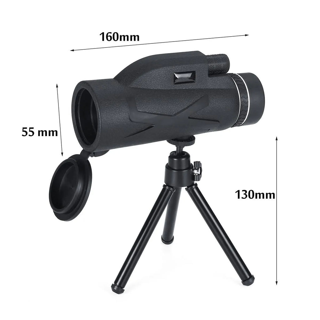 Black 80x monocular telescope with BAK4 roof prism, 40mm objective lens, shown with tripod and phone clip