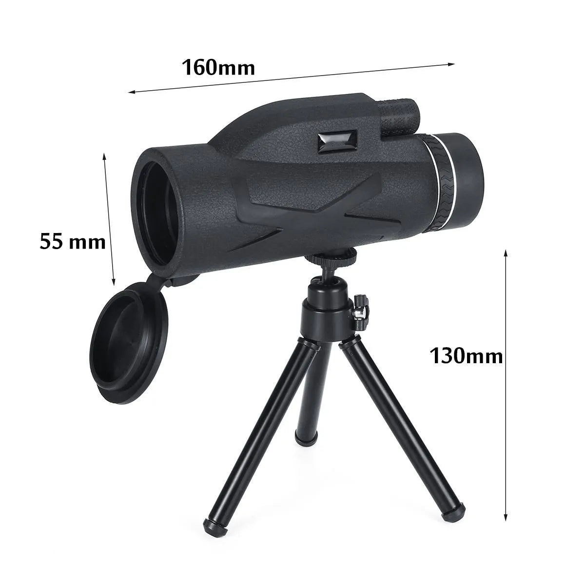 Black 80x monocular telescope with BAK4 roof prism, 40mm objective lens, shown with tripod and phone clip