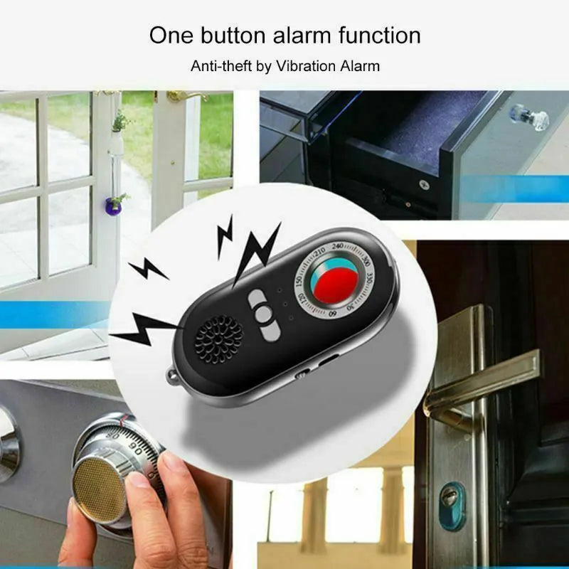Compact black wireless signal detector for anti-theft monitoring and pinhole camera detection.
