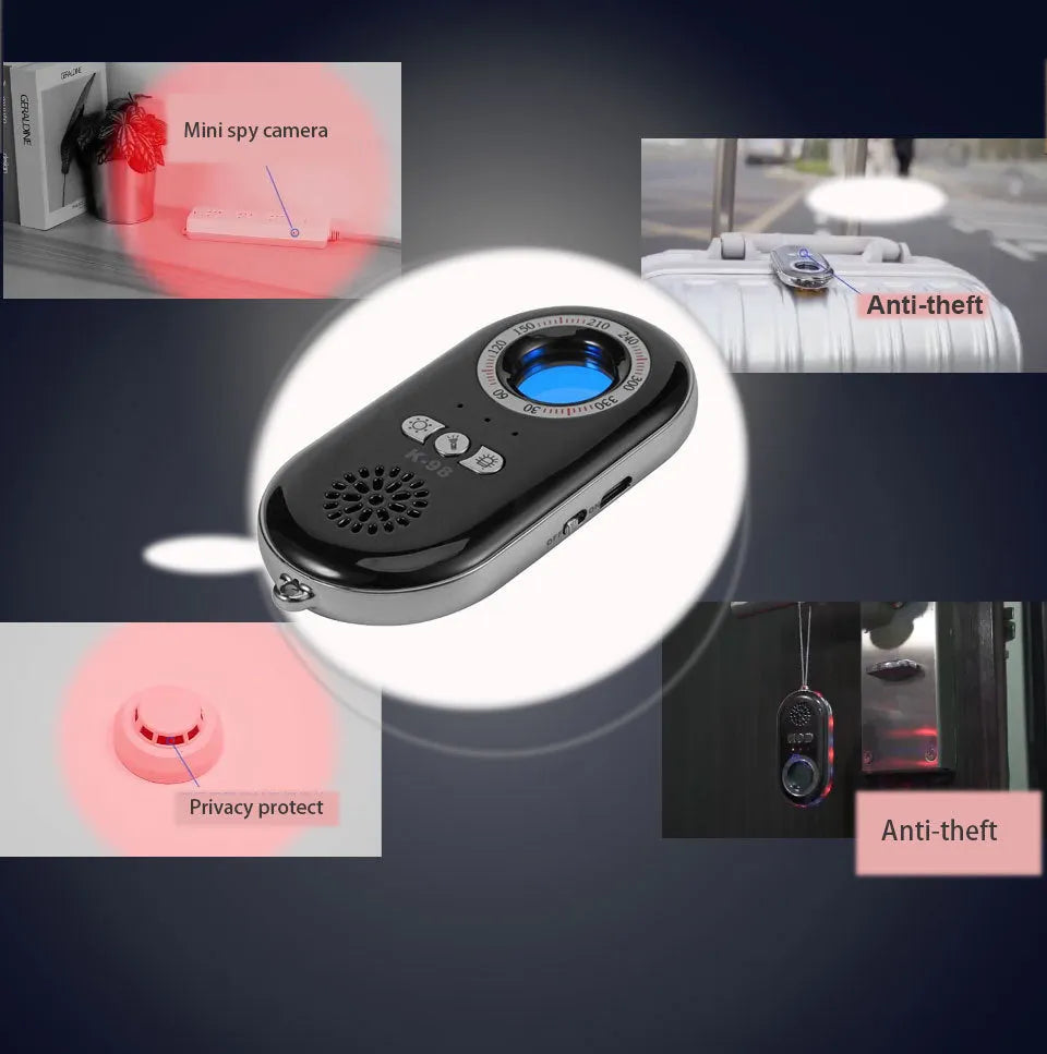 Compact black wireless signal detector for anti-theft monitoring and pinhole camera detection.