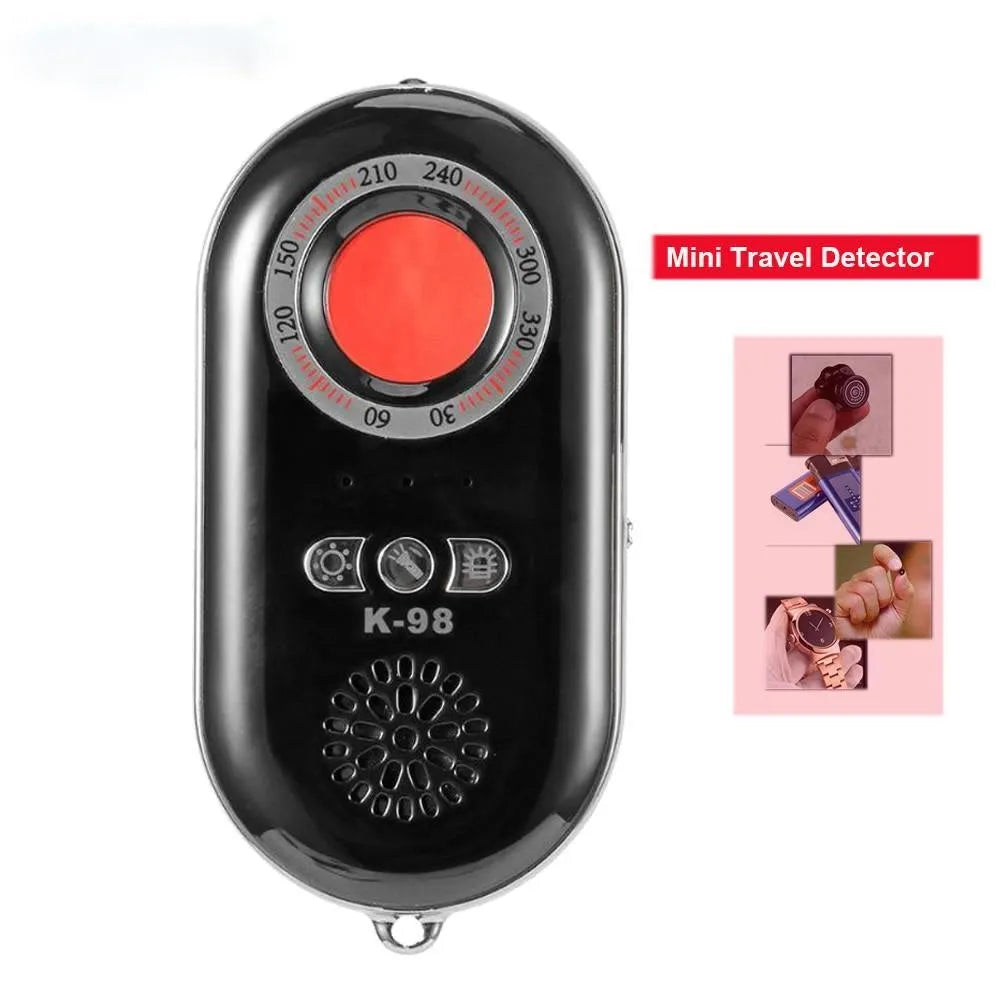 Compact black wireless signal detector for anti-theft monitoring and pinhole camera detection.