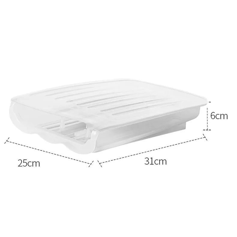 Drawer-type ventilated plastic egg storage box in blue, grey, pink or transparent colour measuring 13.5x23.5cm