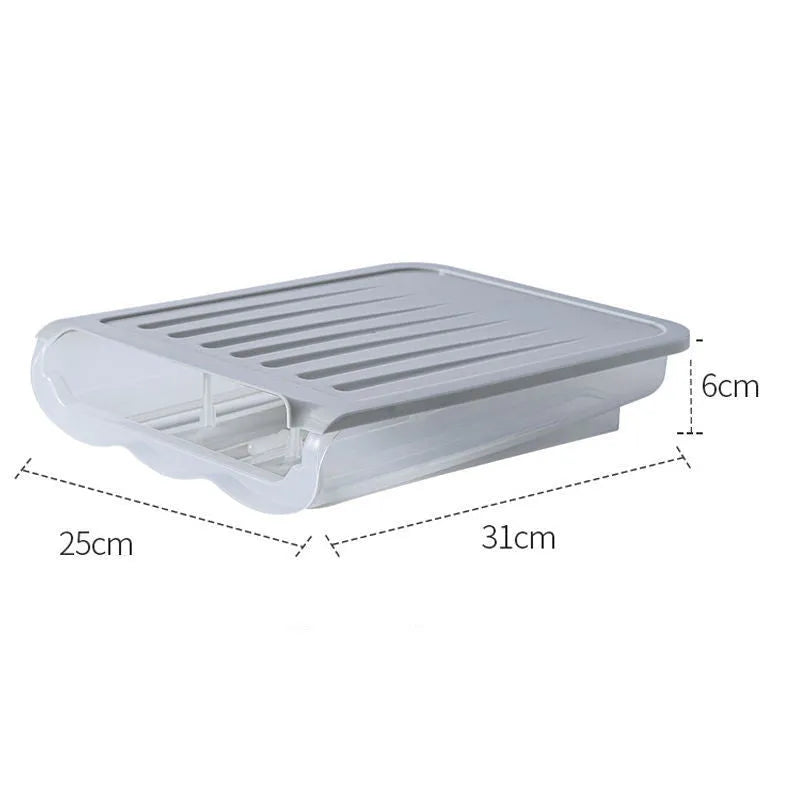 Drawer-type ventilated plastic egg storage box in blue, grey, pink or transparent colour measuring 13.5x23.5cm