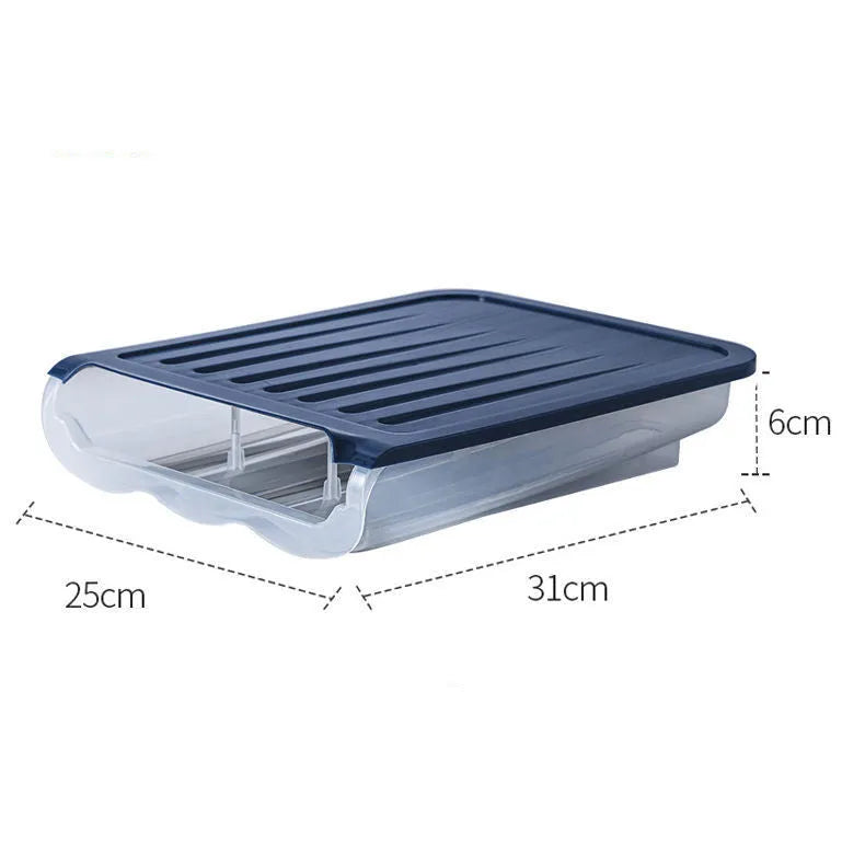 Drawer-type ventilated plastic egg storage box in blue, grey, pink or transparent colour measuring 13.5x23.5cm