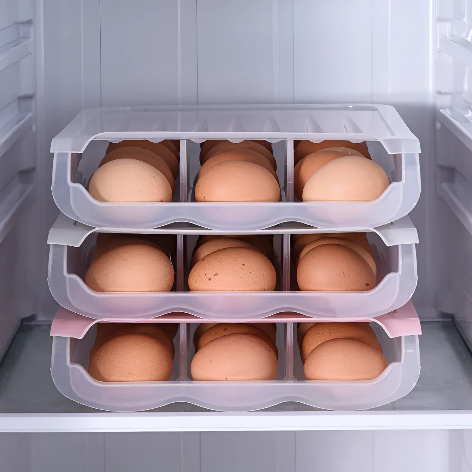 Drawer-type ventilated plastic egg storage box in blue, grey, pink or transparent colour measuring 13.5x23.5cm