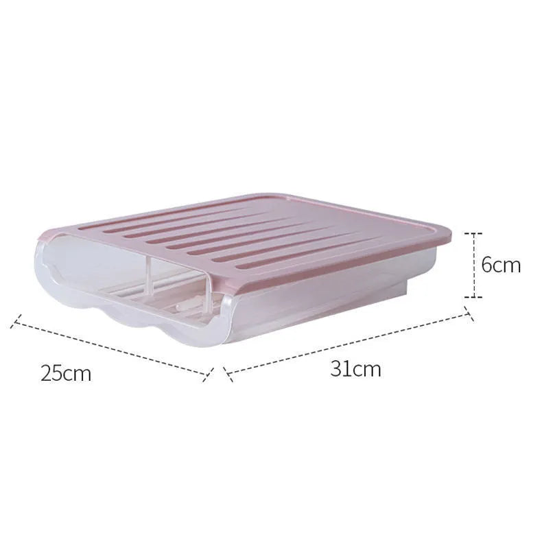 Drawer-type ventilated plastic egg storage box in blue, grey, pink or transparent colour measuring 13.5x23.5cm